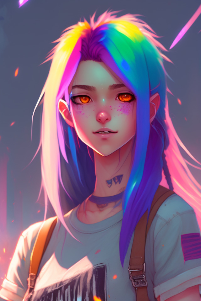 a girl with rainbow hair, happy, soft eyes and narrow chin, dainty figure, long hair straight down, torn kawaii shirt and baggy jeans, In style of by Jordan Grimmer and greg rutkowski, crisp lines.jpg