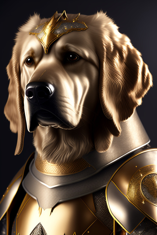 golden retriever knight portrait, finely detailed armor, intricate design, silver, silk, cinematic lighting, 4k.jpg