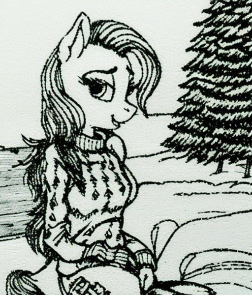 00445-3775115334-gvgtgm traditional print lineart drawing, solo anthro female pony with tail, sweater and jeans, snow, park, trees.png