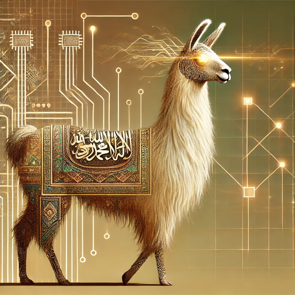 DALL·E 2024-10-20 11.47.22 - A creative visual representation combining 'Llama' with 'ArabicLLM'. Show a majestic llama standing tall, its fur subtly decorated with intricate Arab.webp