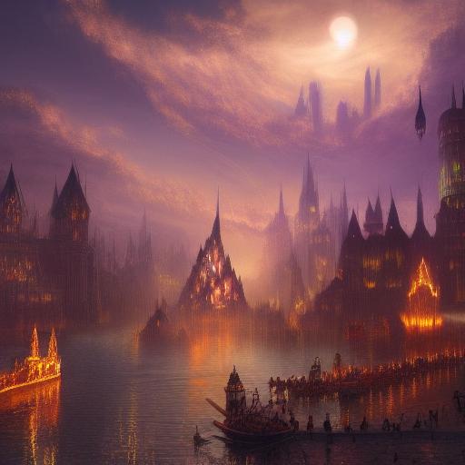 Generate an image depicting a sprawling fantasy city at dusk.jpg