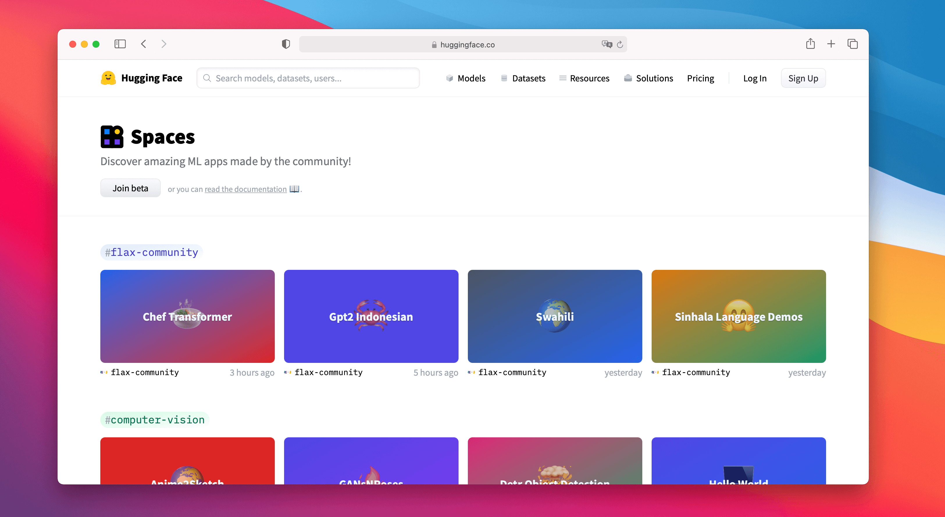 Landing page of Spaces