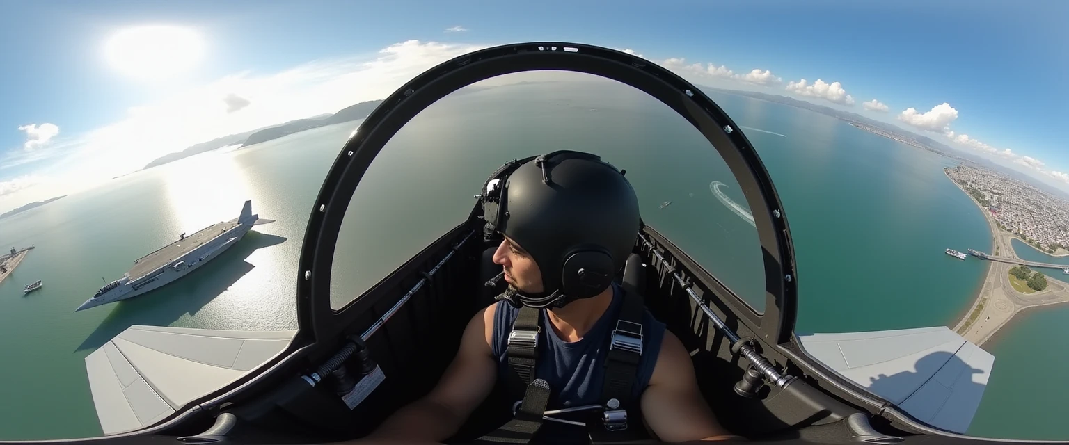 HDRI panoramic view of TOK, inside of a fighter jet cockpit, flying in the air, over an aircraft carrier, in San Francisco bay.webp