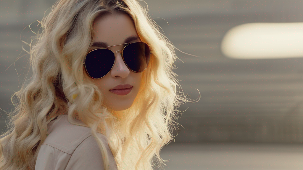 A girl with long curly blonde hair and sunglasses, camera pan from left to right..png