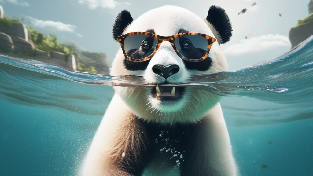 A panda wearing sunglasses walking in slow-motion under water, in photorealistic style..png